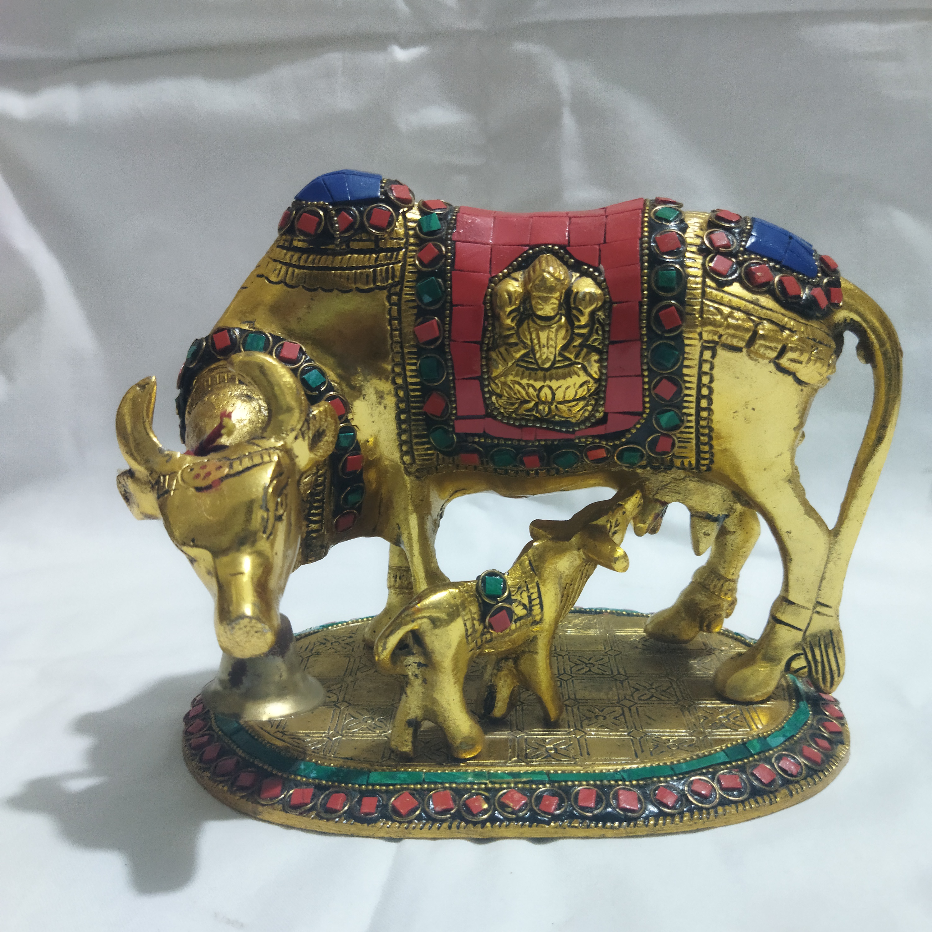 Brass Kamdhenu Cow and Calf Statue with Gemstone Inlay
