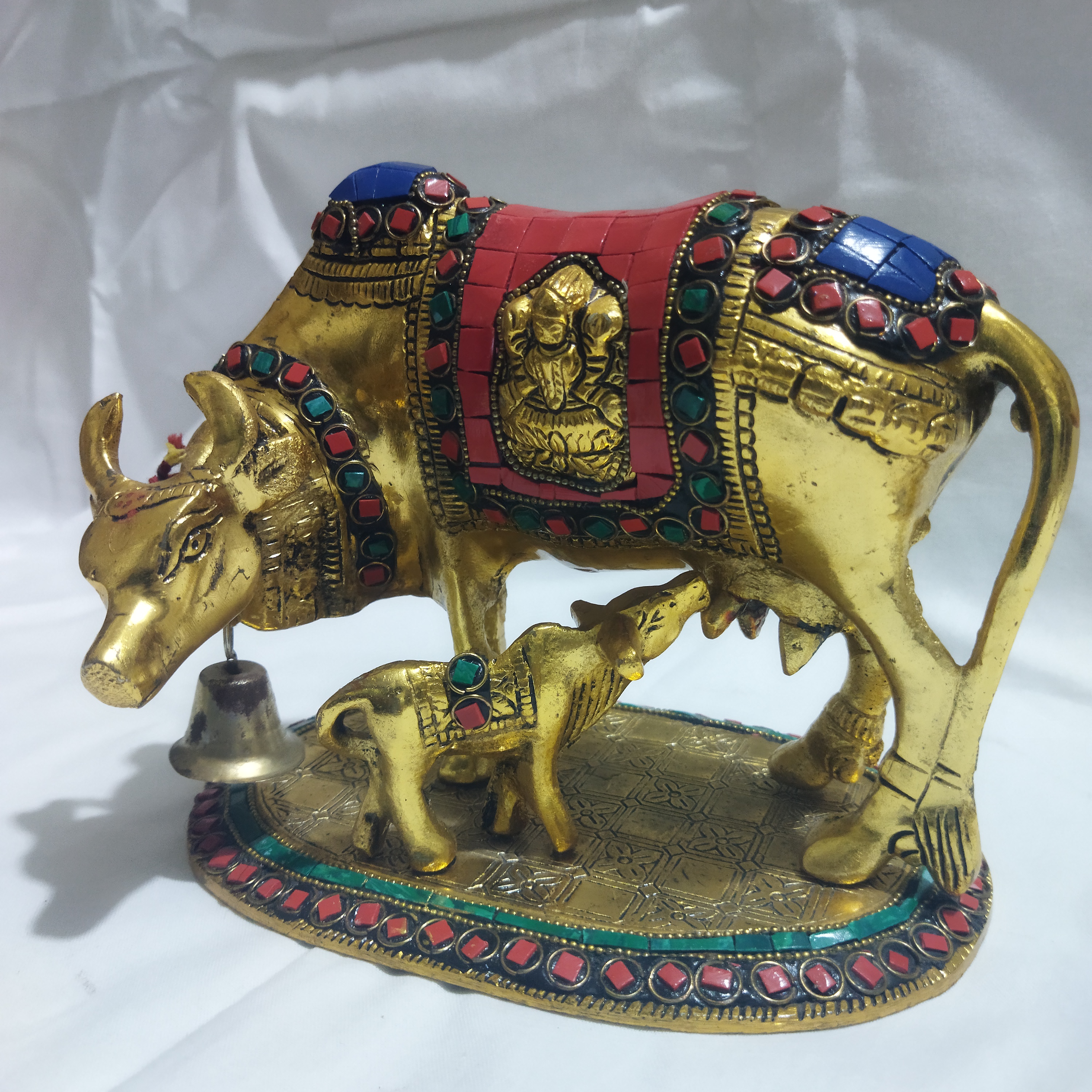 Brass Kamdhenu Cow and Calf Statue with Gemstone Inlay