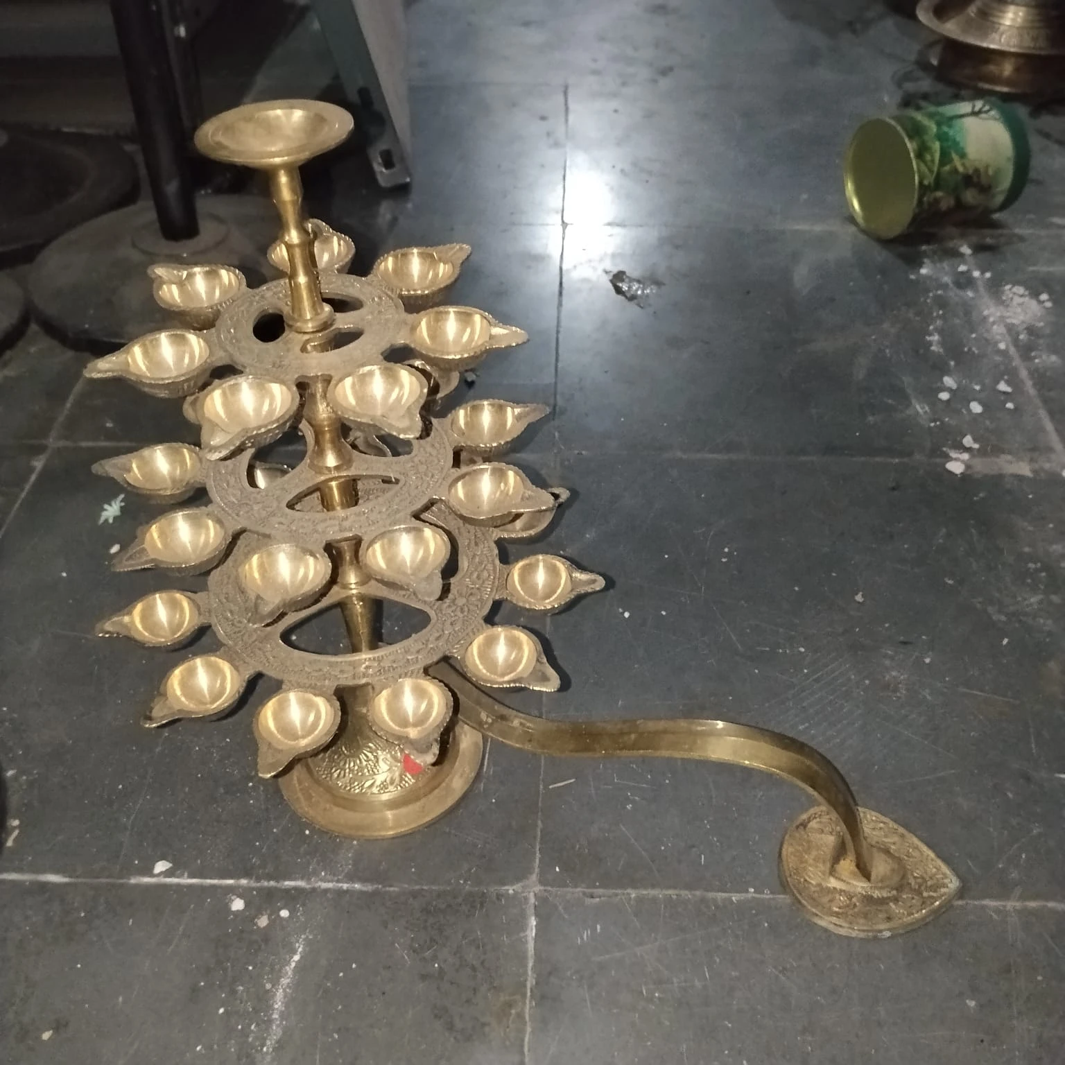 Traditional Brass Multi-Tier Diya Stand with Handle