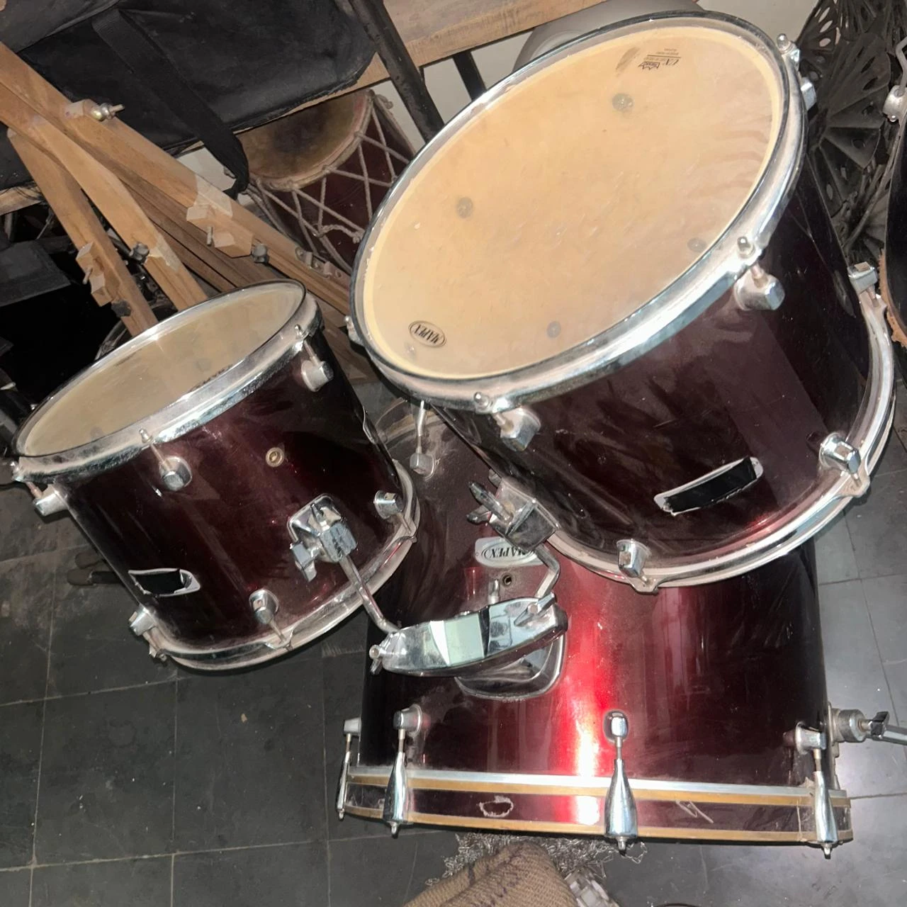 Professional Acoustic Drum Kit Set in Dark Red Finish